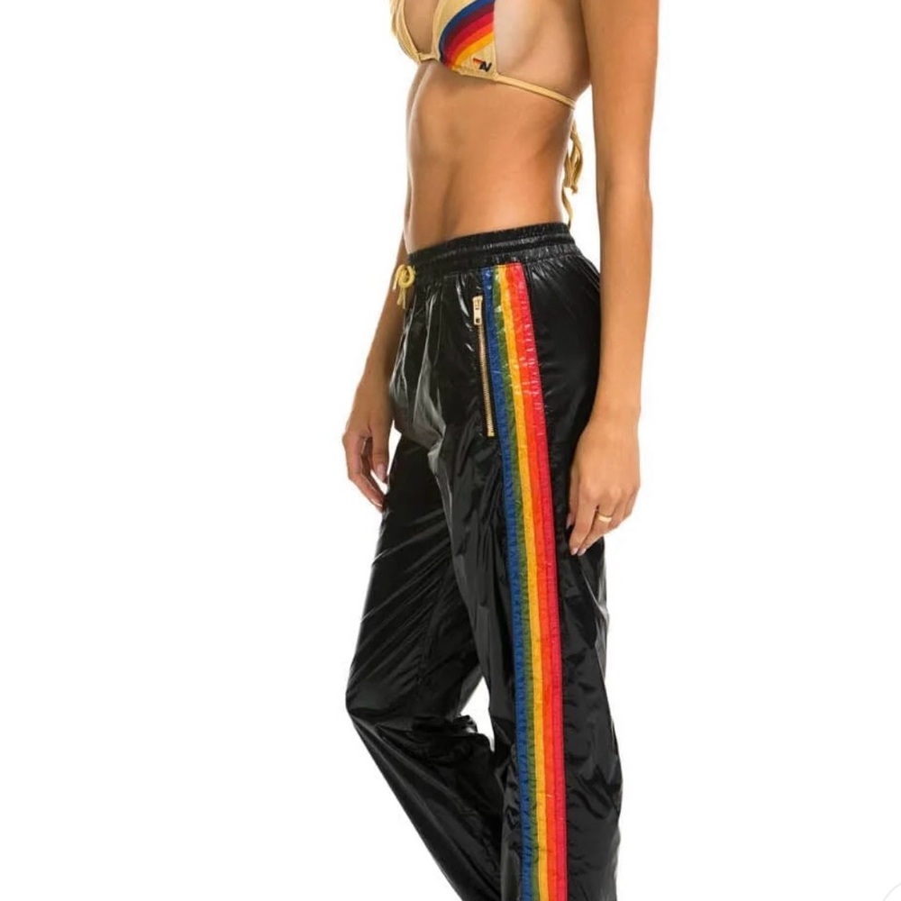 Aviator Nation Black Glossy Track Pants with Rainbow Five-Stripes